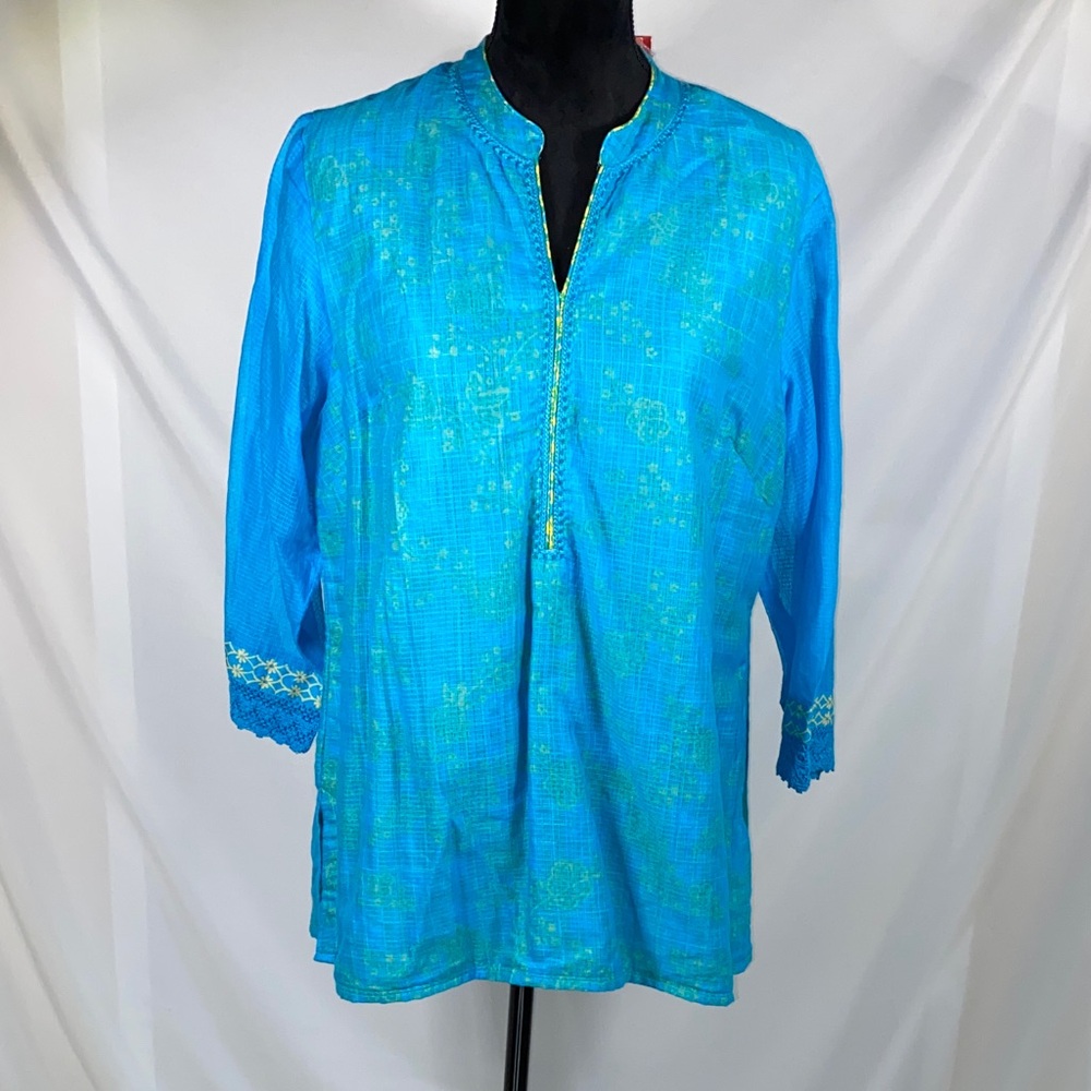 BIBA NWT Enchanted Garden Blue Embroidered Cotton Kurta Tunic Top Size 12